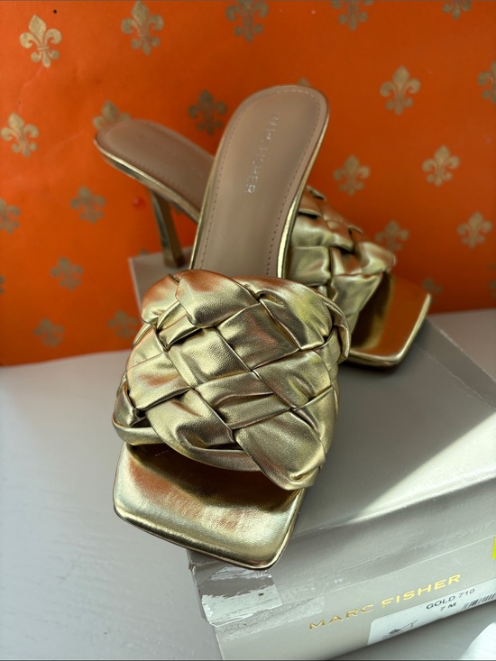 Marc Fisher Shoes - Marc Fisher Metallic Gold Braided Square-Toe Heeled Slides